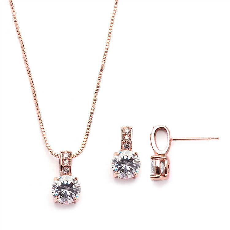 Delicate CZ Round-Cut Rose Gold Necklace and Earrings Set with Pave Top 4551S-RG