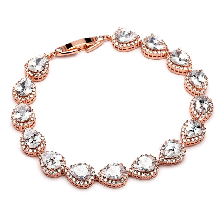 Petite Size CZ Framed Pears Bridal or Bridesmaids Rose Gold Bracelet 4562B-RG-6