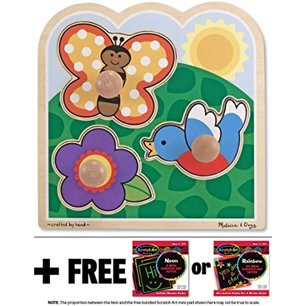 Melissa & Doug in The Garden 'Jumbo Knob' Puzzle & 1 Scratch Art Mini-Pad Bundle (03393)