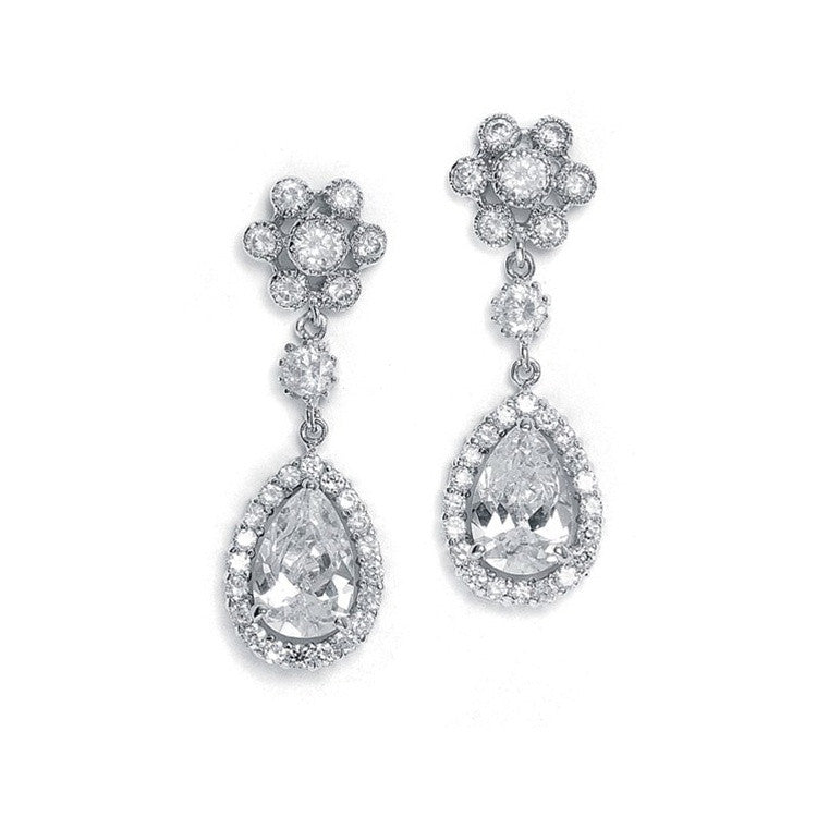 Cubic Zirconia Cluster with pear shaped Drop Earrings 689E-S