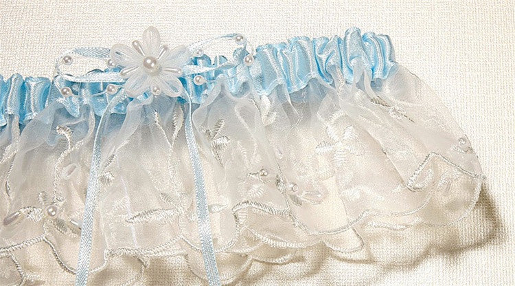 Embroidered Wedding Garters with Rice Pearl Accents