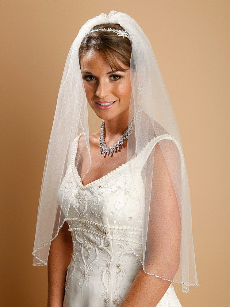 One Layer Bridal Veil with Zig Zag Bugle Bead Edging  910V