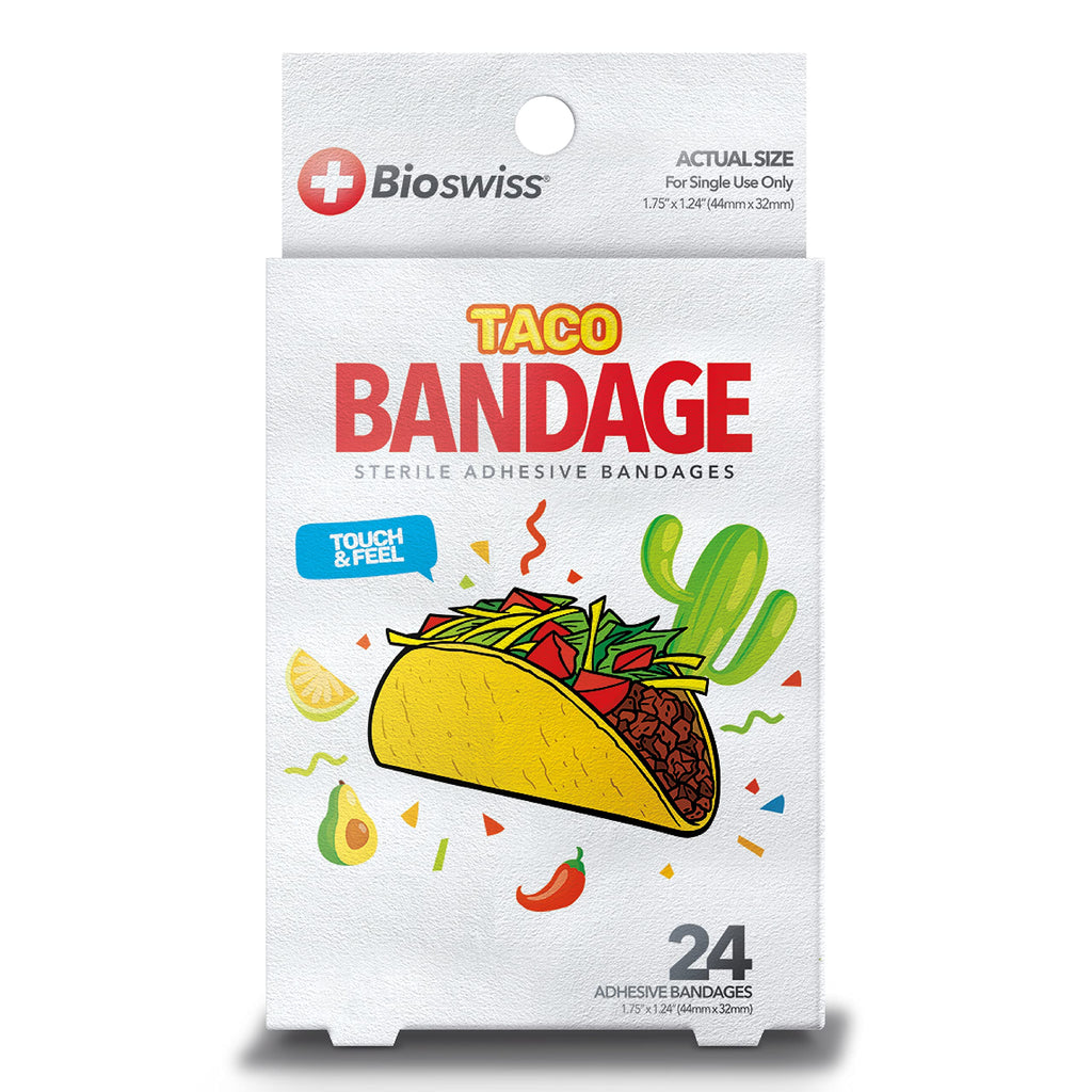 BioSwiss Kids Bandages | 24pcs Self-Adhesive Sterile Unique Shaped Bandages Colorful Funny Cute Toddler Girls & Boys, Adults First Aid, Protect Scrapes and Cuts | Wellness for Everyone (Taco)