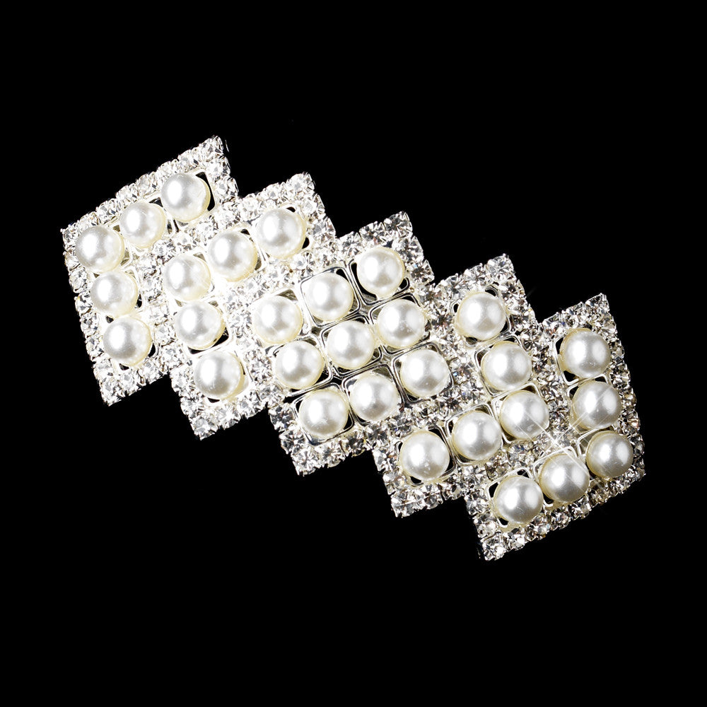 Silver Zigzag Rhinestone & White Pearl Barrette 70822