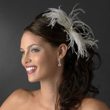 Elegant White or Ivory Feather Fascinator Comb w/ Rhinestones & Austrian Crystals 2195