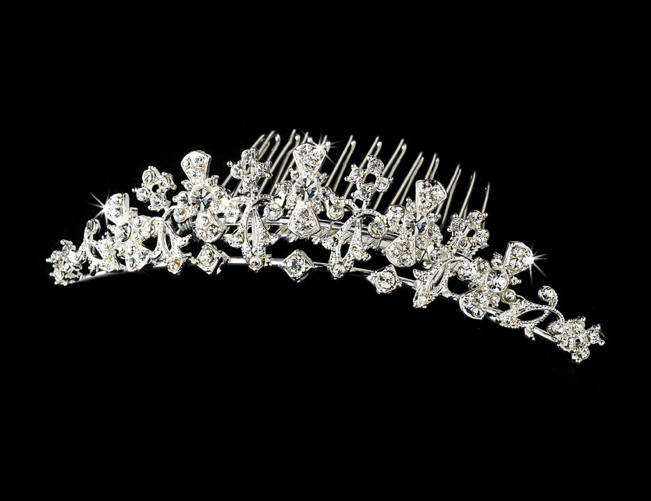 Headpiece Comb 1114 Silver Floral Crystal