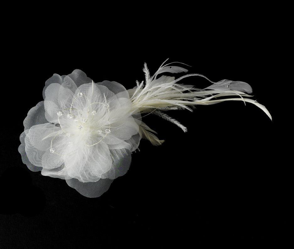 Bridal Feather Hair Piece with Crystals Comb 1517 (White or Ivory)