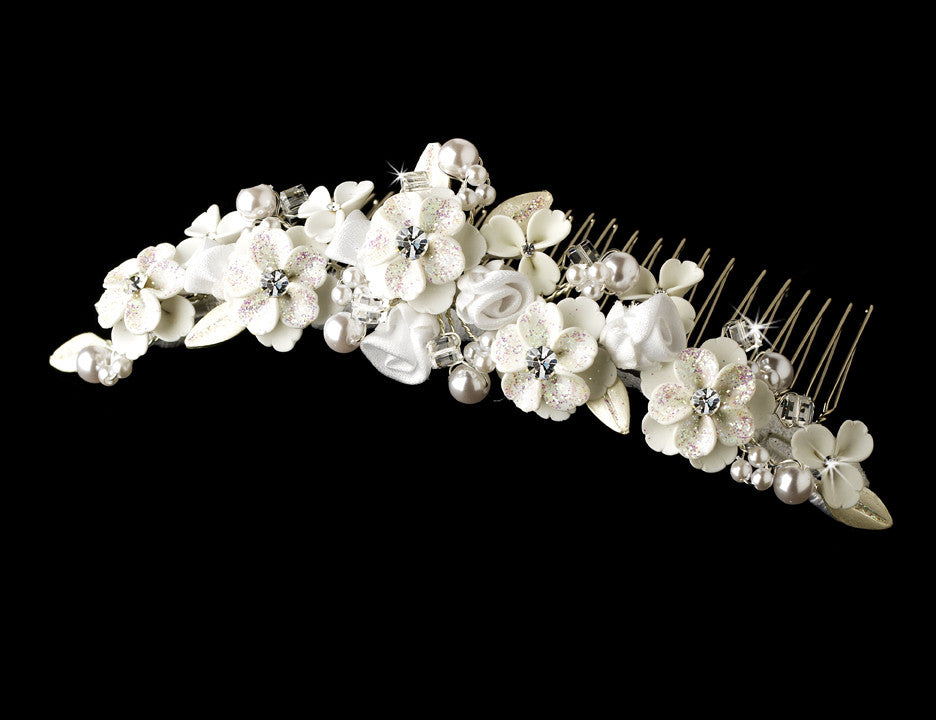 White Porcelain or Rum Pink Flower Bridal Comb 4087