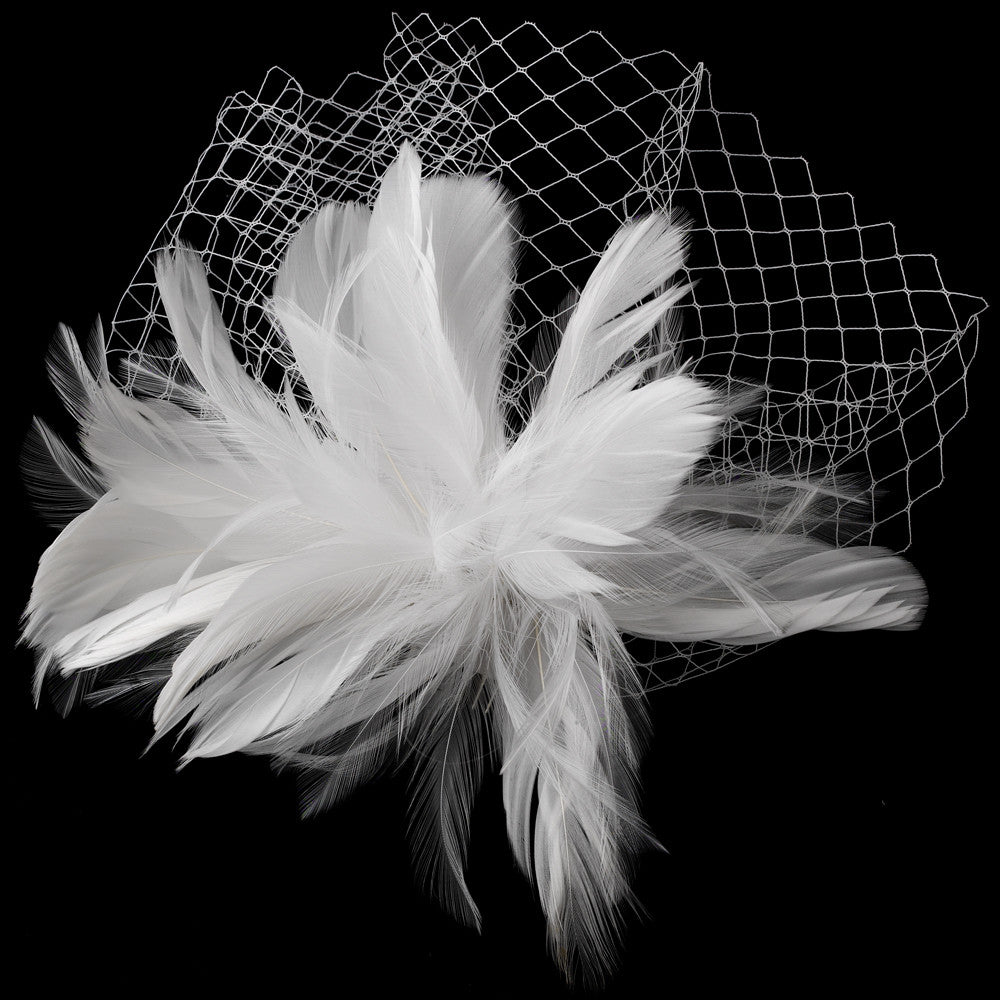 Flower Feather Fascinator with Russian Tulle Veiling Accent on Comb 750