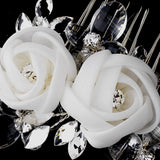 Silver Crystal Ivory Chiffon Flower Hair Comb 942