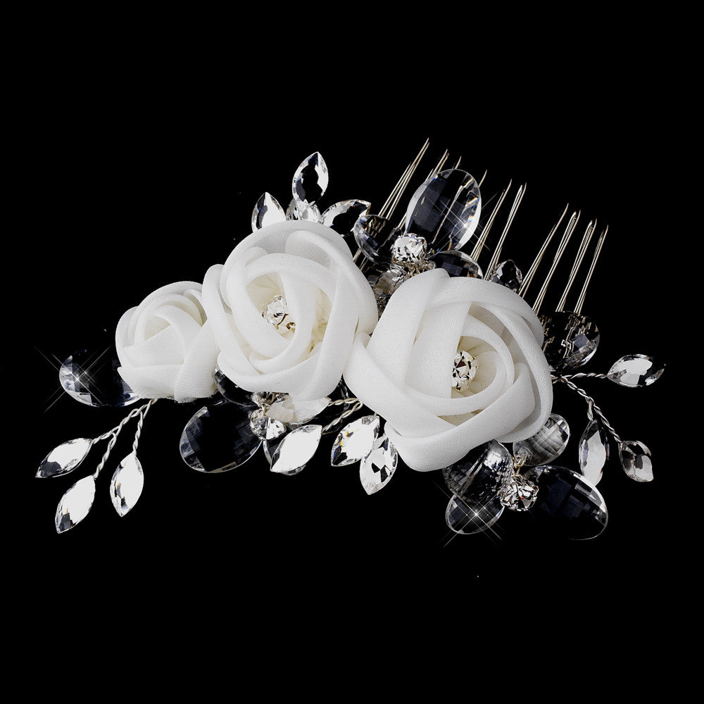 Silver Crystal Ivory Chiffon Flower Hair Comb 942